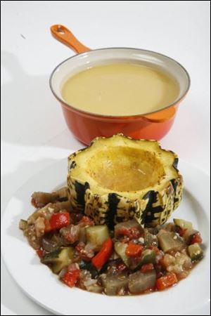Ratatouille with baked buttercup squash with butter and brown sugar and butternut squash soup.