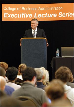 Owens-Illinois CEO Al Stroucken, speaks to a full house at BGSU's executive lecture series on October 4, 2011.