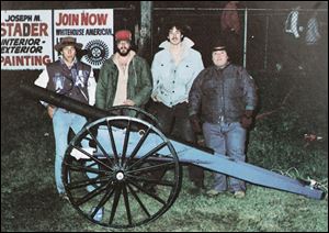 In his senior year at Anthony Wayne, Jeff Chamberlain, left, joined friends Dave Gray, Tom Glover, and Roland Gallardo with his cannon. It replaced a smaller one Mr. Chamberlain also had built, from plans in a magazine.