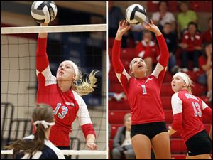 Courtney Rolf, left, a senior, leads Eastwood with 149 kills and 56 blocks. Jaci Juergens tops the team with 389 assists and 31 aces. The Eagles are 14-0 overall, 10-0 in the NBC.