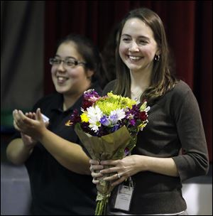 Rossford School District teacher Karen Gunn is honored  during a surprise assembly.