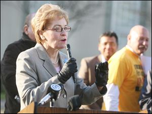 U.S. Rep. Marcy Kaptur speaks Tuesday at the No To Issue 2 rally on the north lawn of the downtown library. 