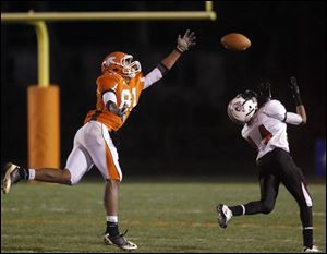 Southview High School's Nate Hall, 81, tries to grab a pass intended for Canton McKinley's Jeff Richardson, 14, in the first half  of the Division I football playoff opener.