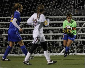 St. Ursula goalkeeper Nicole Vahalik makes one of her 14 saves in regulation overtime during 2nd half against Walsh Jesuit at Frost-Kalnow Stadium in Tiffin, Ohio. 
s5 s5vahalik bw 3.27