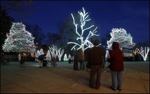Visitors enjoy the dancing lights display at the Lights Before Christmas display at the Toledo Zoo on Friday.