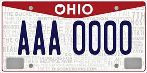 Columbus College of Art & Design students designed the plate featuring a red triangle atop a white background covered with state slogans to be chosen by Ohioans.