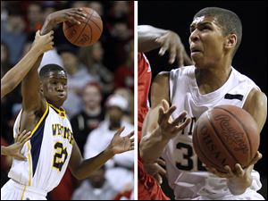 Whitmer's Nigel Hayes, left, and St. John's Jesuit's Marc Loving, right, will have their teams continue to compete against each other, but in the Three Rivers Athletic Conference this season.