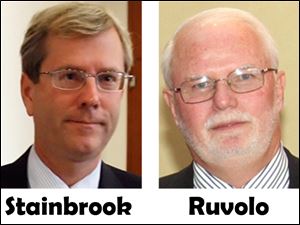 Jon Stainbrook (left) and Tony DeGidio both left Friday's Lucas County Board of Elections meeting. Democratic member James Ruvolo (right) accused Stainbrook of putting an internal Republican personal dispute ahead of the public's business.