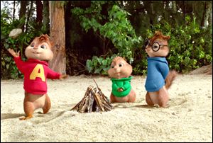 From left, Alvin, voiced by Justin Long, Theodore, voiced by Jesse McCartney and Simon, voiced by Matthew Gray Gubler are shown in a scene from 'Alvin and the Chipmunks: Chip-wrecked!'