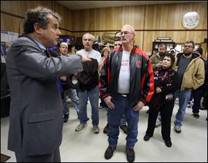 U.S. Senator Sherrod Brown (D-OH) talks to locked out Cooper Tire workers Monday at the United Steelworkers Local 207L hall in Findlay, Ohio. The Findlay workers have been locked out for more than a month.
