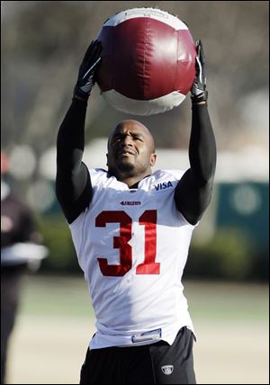 San Francisco 49ers strong safety Donte Whitner (31) participates in a drill during NFL football practice in Santa Clara, Calif..