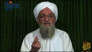 This frame grabbed image from video provided by the SITE Intel Group purports to show al-Qaida's leader Ayman al-Zawahri in a still image from a web posting by al-Qaida's media arm, as-Sahab, Sunday.
