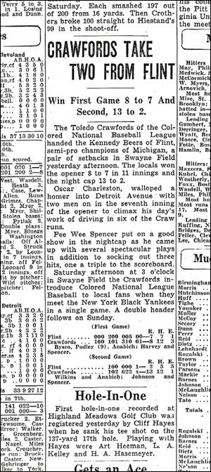 A newspaper clipping from The Blade detailing a Crawfords win over Flint is one of the few records which survives from the era of the Negro Leagues in Toledo.