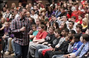 Former NBA star Chris Herren speaks Wednesday to students at Maumee High School as part of its 