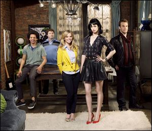 From left, Eric Andre, Michael Blaiklock, Dreama Walker, Krysten Ritter, and James Van Der Beek star in an appealing
new sitcom, ‘Don’t Trust the B— in Apartment 23,’ premiering Wednesday at 9:30 p.m. on ABC.