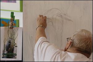 Marjorie Ripple draws a crane among some reeds from a smaller picture at Shared Lives Studio in downtown Toledo.