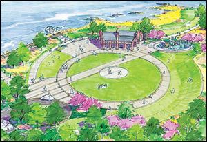 Toledo leaders are planning downtown’s first Metropark — to be called Middlegrounds — on 28 acres south of the Anthony Wayne Bridge. Shown is a concept drawing of the site.