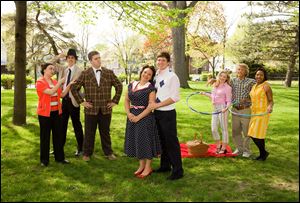 Sarah Hunter, left, Alex McCartney, Kevin Kraus, Aurdie Hafner, Chandler Rygalski, Hallie Toland, Nick Lee, and Diamond Haynes star in Central Catholic High School's production of 'The Pajama Game'