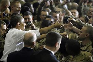 President Barack Obama greets troops Wednesday at Bagram Air Field, Afghanistan.