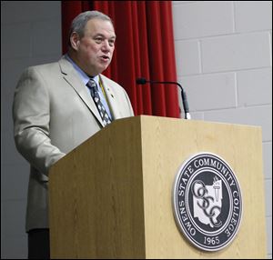 Mike Browning, 59, practices his commencement speech at Owens Community College. The father of four lost his job in 2010 after a 38-year career. Mr. Browning enrolled in college, studied in China for two weeks last year, and found out that homework was a full-time job. Mr. Browning graduates with a 3.8 grade point average.