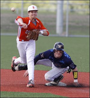 Southview's Colin Boerst turns the double play after forcing out Whitmer's Jack Linch at second base.