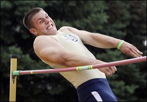 James O' Shea places second in the high jump during the Division I regional track meet Friday, 05/25/12, in Amherst, Ohio.
