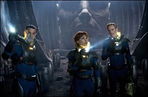 Logan Marshall-Green, left, Noomi Rapace, and Michael Fassbender star as Charlie, Elizabeth, and David in 'Prometheus.'