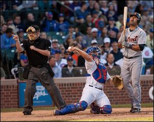 The Tigers' Gerald Laird reacts to the strike call in Tuesday's game.