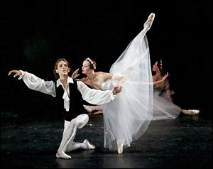 A scene from Chopiniana to be performed by the Russian national Ballet at the Valentine. 'Swan Lake' will glide on stage Jan. 10.