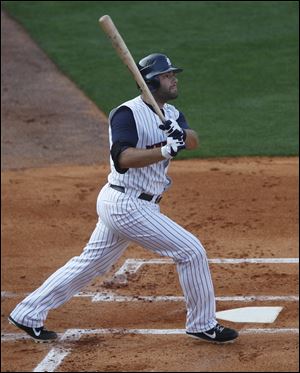 Alex Avila watches a flyout during his first at-bat in Monday's game with the Mud Hens.  The Tigers' catcher -- playing for Toledo during a rehab stint -- went 0-for-2 in the loss.