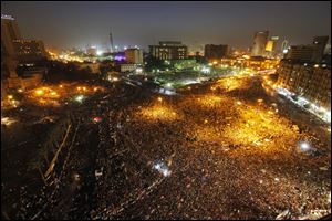 Crowds gather in Cairo's Liberation Square, site of several rallies that helped topple Hosni Mubarak last year after decades of his authoritarian rule. Hundreds of thousands of people were protesting in the streets.