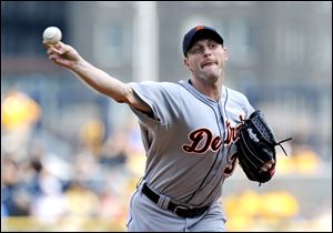 Detroit Tigers starter Max Scherzer delivers a pitch to the Pittsburgh Pirates during the first inning of a baseball game Saturday.