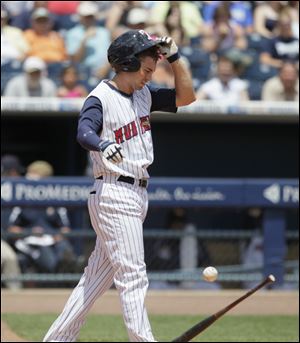 THE BLADE/JETTA FRASERThe Mud Hens' Cale Iorg tosses his bat and removes his batting helmet after striking out to end the fifth inning on Monday.