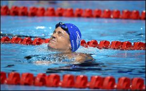 Dara Torres grimaces after finishing fourth in the 50-meter freestyle in the Olympic Trials.