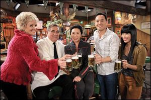 Cast of 'Sullivan & Son' are, from left, Christine Ebersole, Dan Lauria, Jodi Long, Steve Byrne, and Vivian Bang.