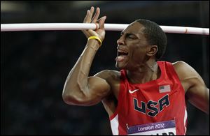 United States' Erik Kynard reacts after failing to clear the bar in the men's high jump final during the athletics in the Olympic Stadium at the 2012 Summer Olympics.