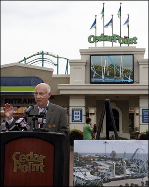 John Hildebrandt, Cedar Point general manager, announces  Cedar Point's new ride for 2013, GateKeeper on Monday.