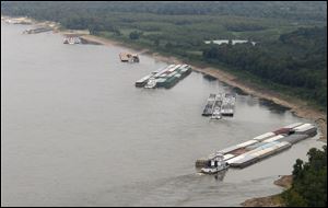 Barges and their towboats accumulate alongside the Mississippi banks of the Mississippi River near Greenville, Miss.