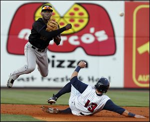 Louisville's Didi Gregorius turns a double play as the Mud Hens' Jerad Head slides into second base during the second inning on Saturday. Head's RBI single in the second helped the Mud Hens claim their fifth consecutive victory and improved to 14-6 against the Bats this year.