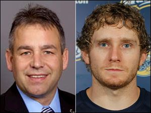 Walleye coach Nick Vitucci, left, and team captain Kyle Rogers.