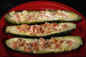 Stuffed zucchini and smoked salmon.
