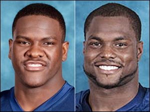 Michigan football players Frank Clark, left, and Fitzgerald Toussaint.