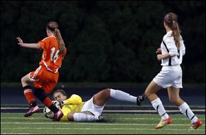 Perrysburg's goalie Chloe Buehler blocks a shot earlier this season.
