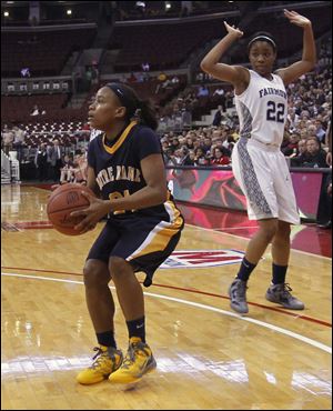 Fairmont's Chelsea Welch watches Notre Dame's Cat Wells set up to score during 2nd quarter of the Div. 1 state girls basketball tournament at Value City Arena at the Ohio State Univ. in Columbus.