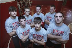 Bedford’s top wrestlers returning are (front, from left) Mitch Pawlak, Mitch Rogaliner, and Brandon Sunday, and (back) Codie Bettencourt, David Lijewski, Dakotah Hudson, and Caleb Jenson. Rogaliner is a two-time state champion.