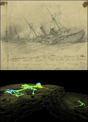 A view of the USS Hatteras as it fought and sank in 1863, depicted in a drawing by Civil War artist Francis H. Schell, above a 2012 high-resolution 3-D sonar image from the National Oceanic and Atmospheric Administration.