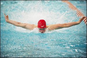 Jack DiSalle of St. Francis deSales swims his leg of the 200-yard medley relay at the Division I state championships.The Knights finished second in the event.