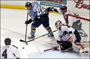 Forward Pat Knowlton, top,  who was born in Colorado Springs, Colo., has played for five teams in five different states during his three-year career. He signed with the Walleye on Jan. 9.