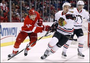 Detroit Red Wings center Damien Brunner (24) tries to tie up Chicago Blackhawks defenseman Niklas Hjalmarsson (4), of Sweden, in the first period today.