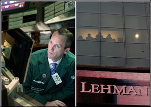 This combination of Associated Press file photos shows, left, Patrick Kenny a Specialist of Lehman Brothers working his post on the trading floor of the New York Stock Exchange and right, the Lehman Brothers headquarters.